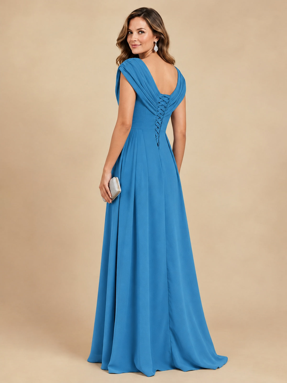 V Neck Pleated Mother of The Bride Dresses with Beading Cap Sleeves