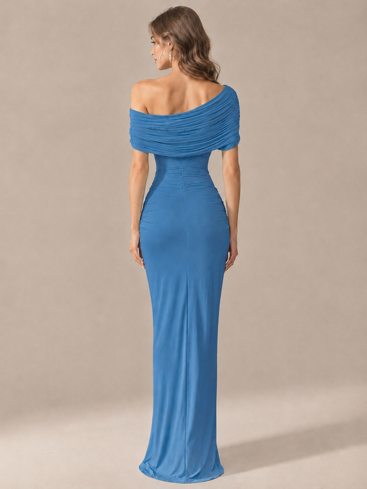 Elegant Draped Off Shoulder Ruched Mermaid Chiffon Formal Evening Gown