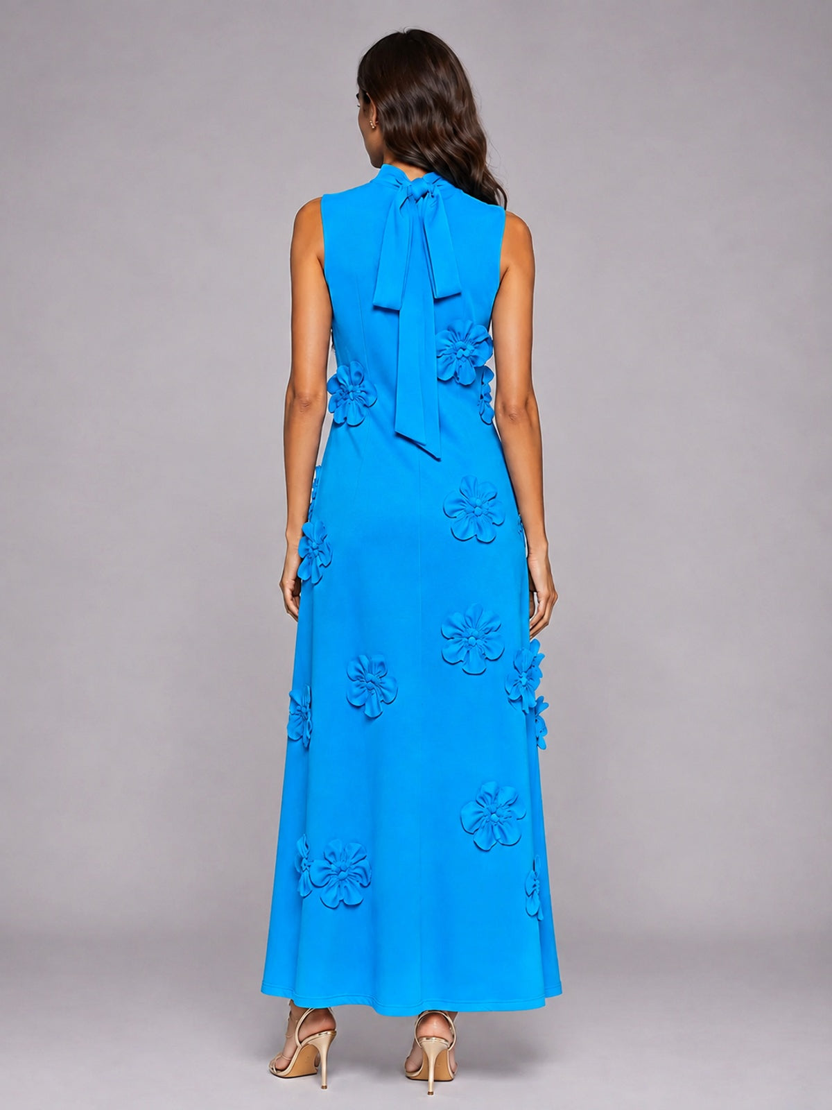 3D Floral Applique High Neck Prom Maxi Dress