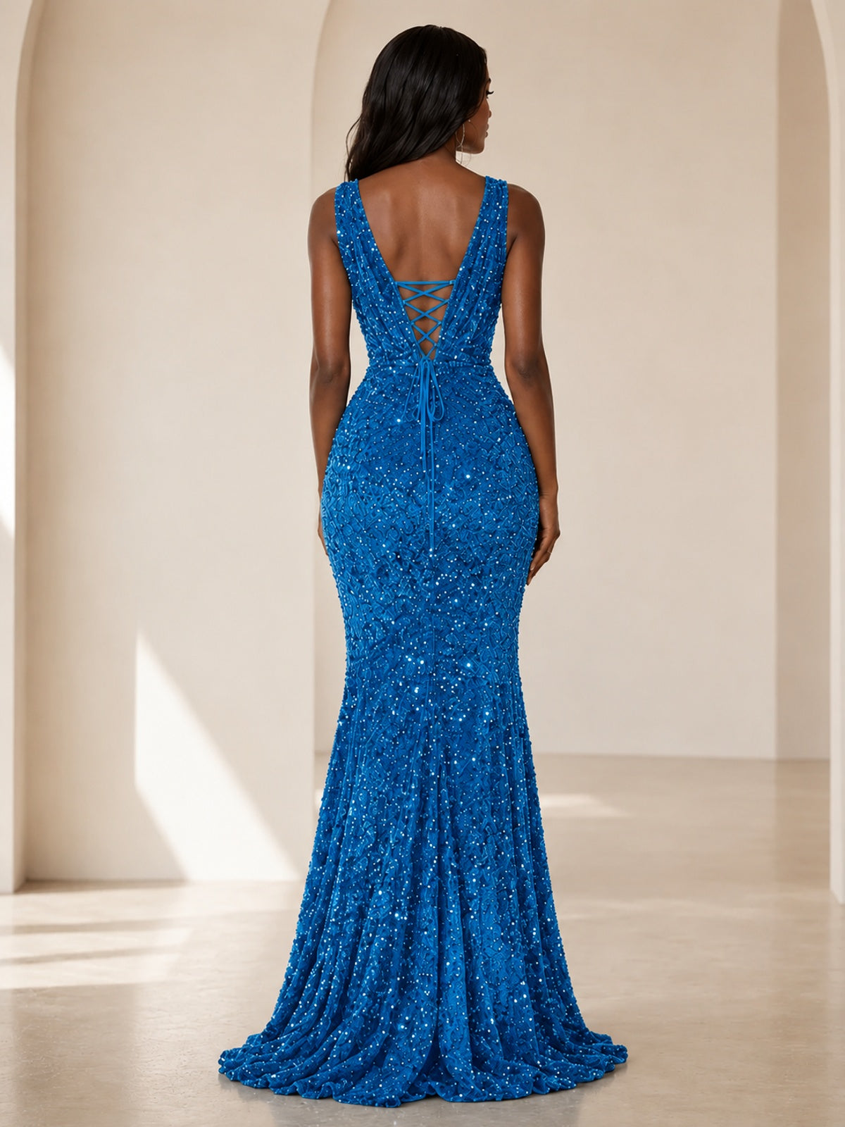 Sequin Mermaid Prom Dress with V-Neck and Ruched Waist
