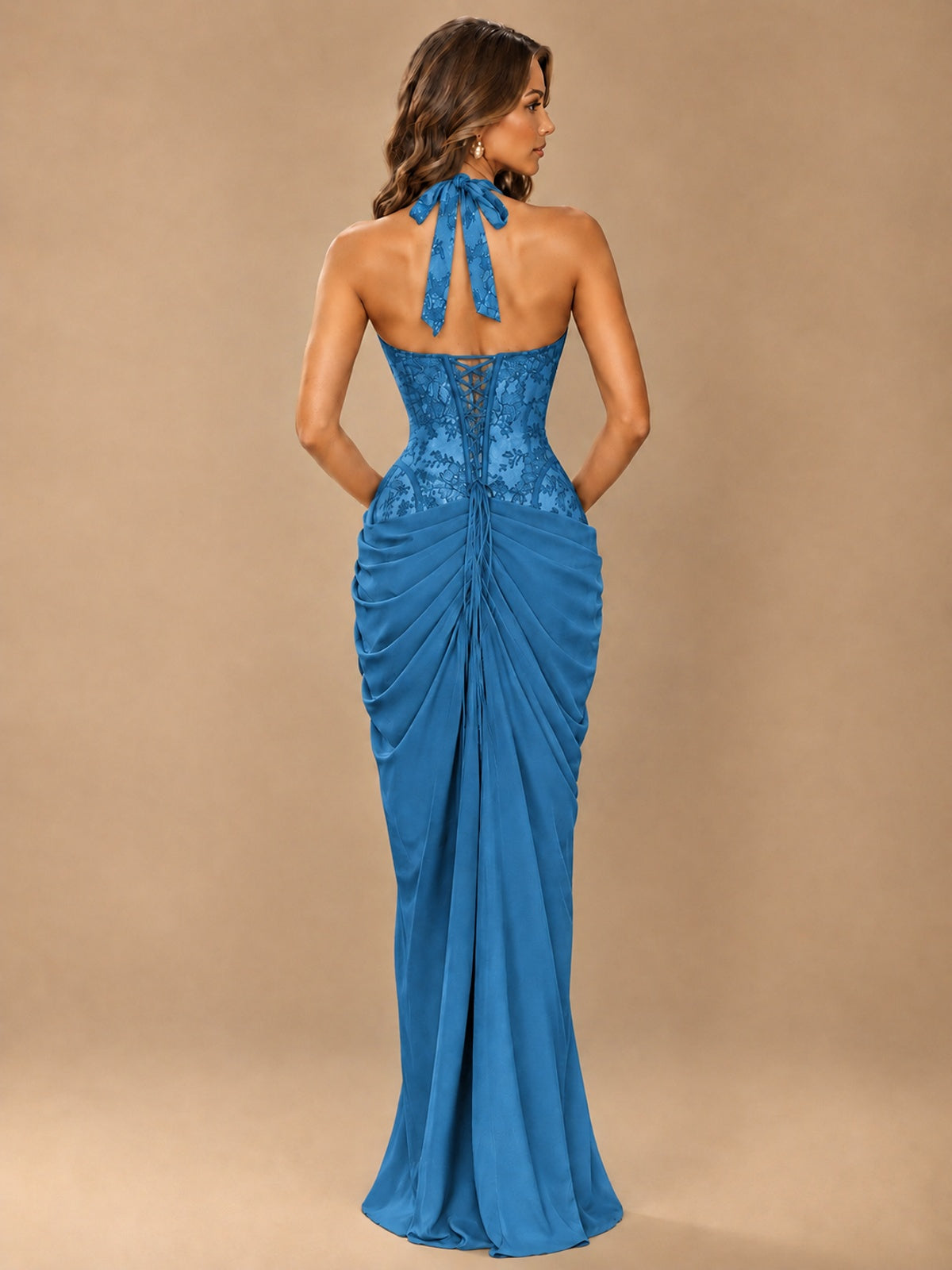 Sweetheart Halter Prom Dress Pleated Lace Floral Formal Dress with Slit