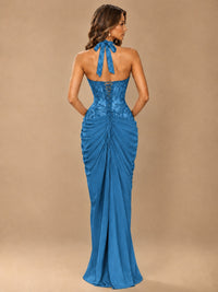Sweetheart Halter Prom Dress Pleated Lace Floral Formal Dress with Slit