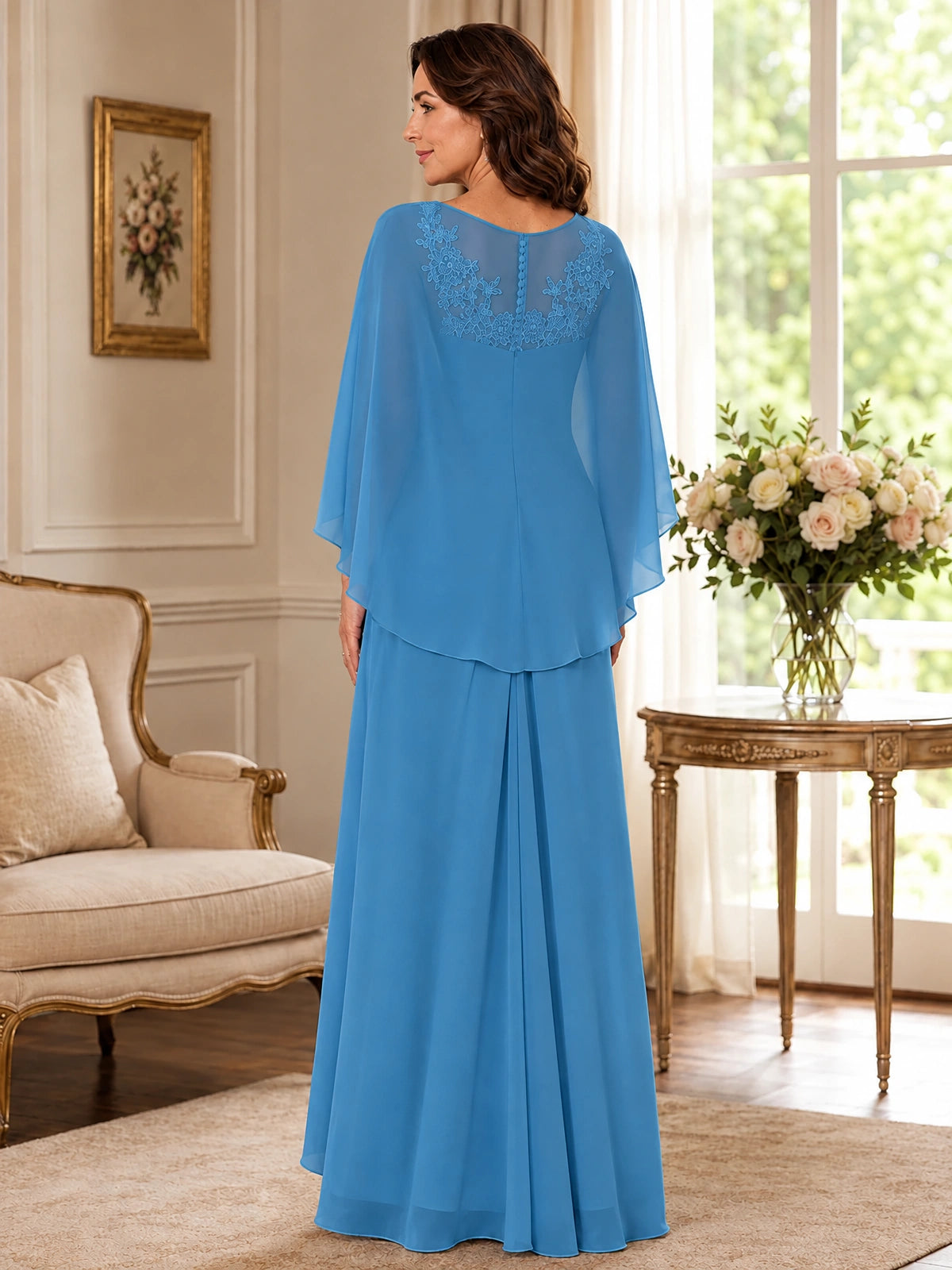 Elegant Chiffon Mother of the Bride Dress with Lace Applique and Cape Sleeves