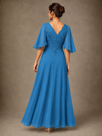 V-Neck Chiffon Lace Mother of the Bride Dress with Flutter Sleeves