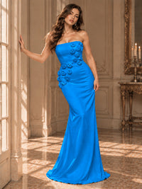 White Strapless Mermaid Maxi Dress with 3D Floral Appliques