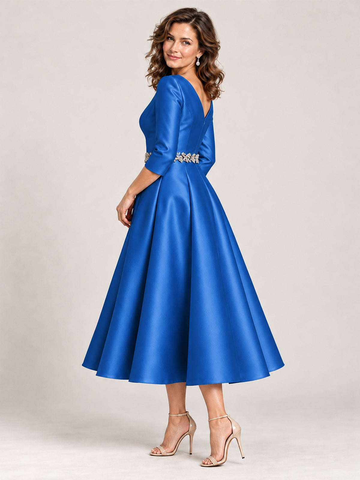 V-Neck Tea-Length Mother of the Bride Dress with Embellished Waist