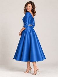 V-Neck Tea-Length Mother of the Bride Dress with Embellished Waist