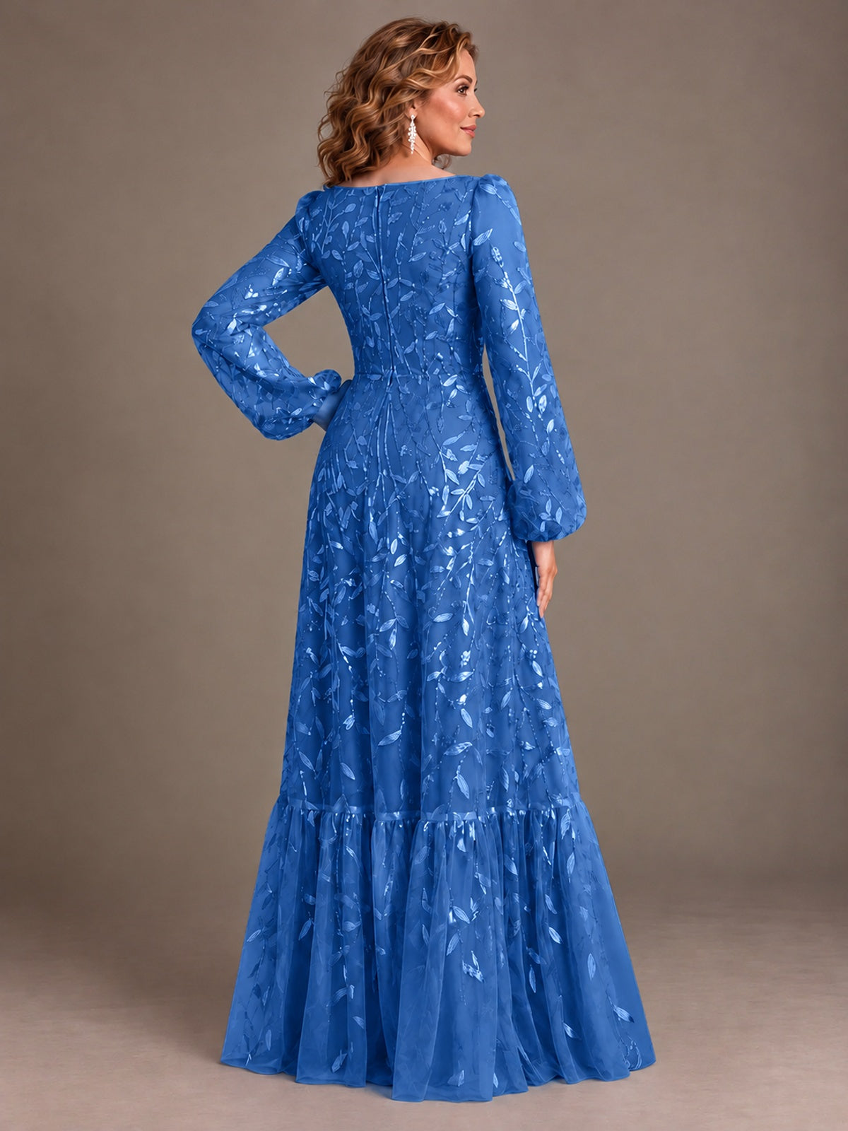 Floral Sequin Embroidered A-Line Mother of the Bride Dress with Long Sleeves