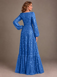 Floral Sequin Embroidered A-Line Mother of the Bride Dress with Long Sleeves