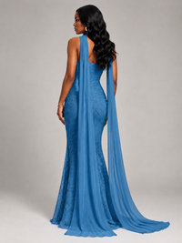 Pleated Chiffon Lace Prom Dresses Long Bodycon Mermaid with Scarf