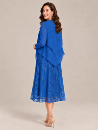 Tea Length Sequin Lace Mother of the Bride Dress with Chiffon Jacket