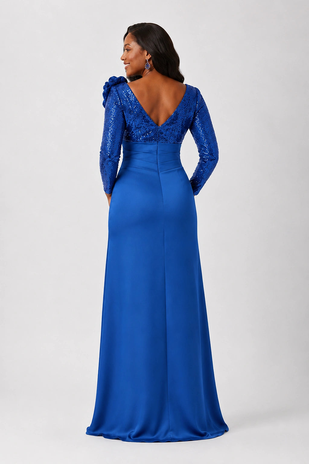 Sequin Mother of the Bride Dress with Long Sleeves 3D Floral V-Neck Gown