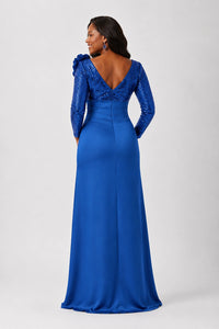 Sequin Mother of the Bride Dress with Long Sleeves 3D Floral V-Neck Gown