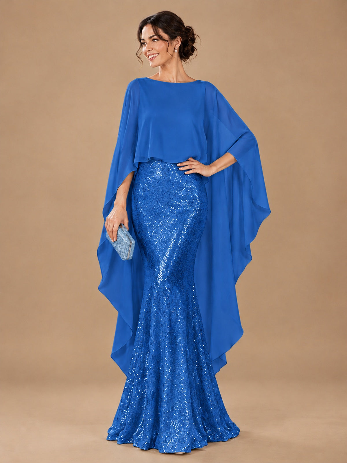 Sequin 2 Pieces Mother of the Bride Dress with Cap Sleeves Chiffon Formal Gowns