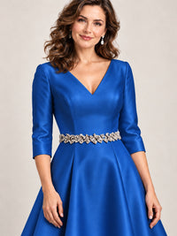 V-Neck Tea-Length Mother of the Bride Dress with Embellished Waist