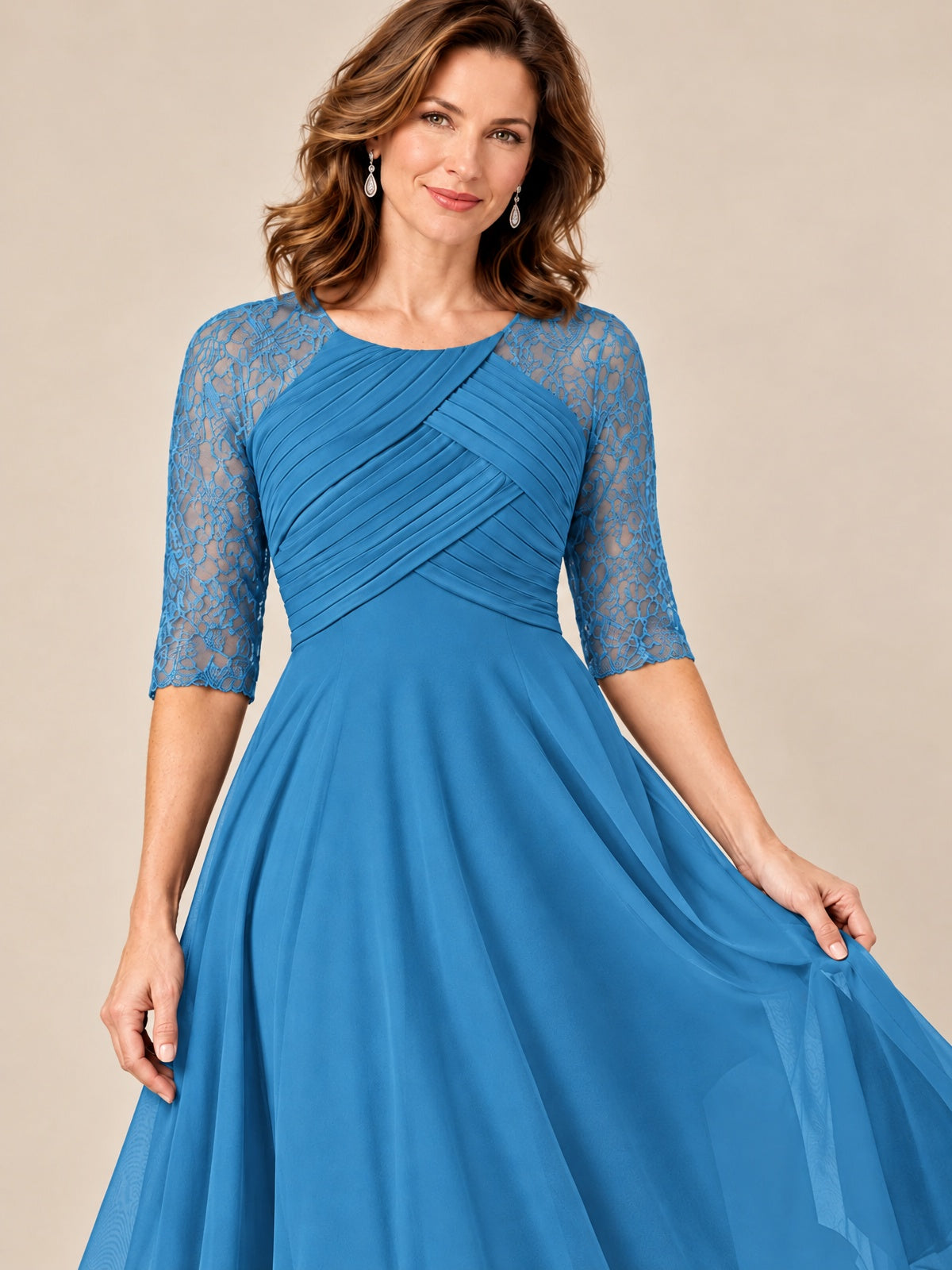 Tea-Length Mother of the Bride Dress with Lace 3/4 Sleeves