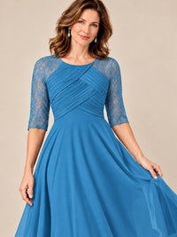Tea-Length Mother of the Bride Dress with Lace 3/4 Sleeves