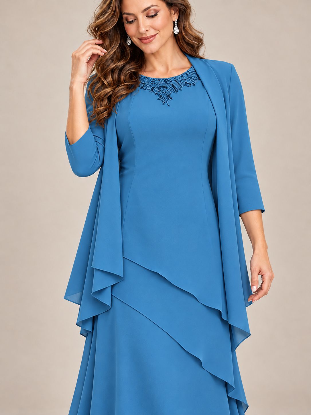 Dusty Blue Two-Piece Chiffon Mother of the Bride Dress with Jacket