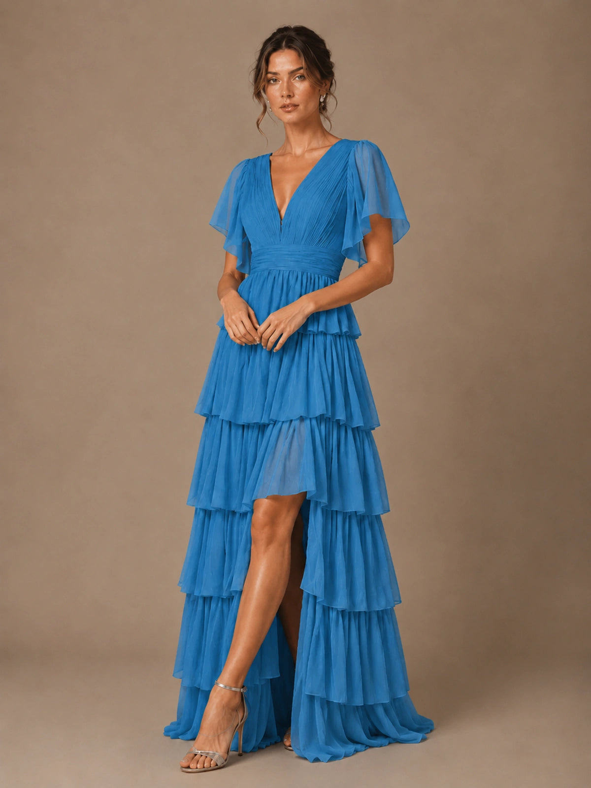 Chiffon V-Neck Tiered Ruffle Bridesmaid Dress with Slit