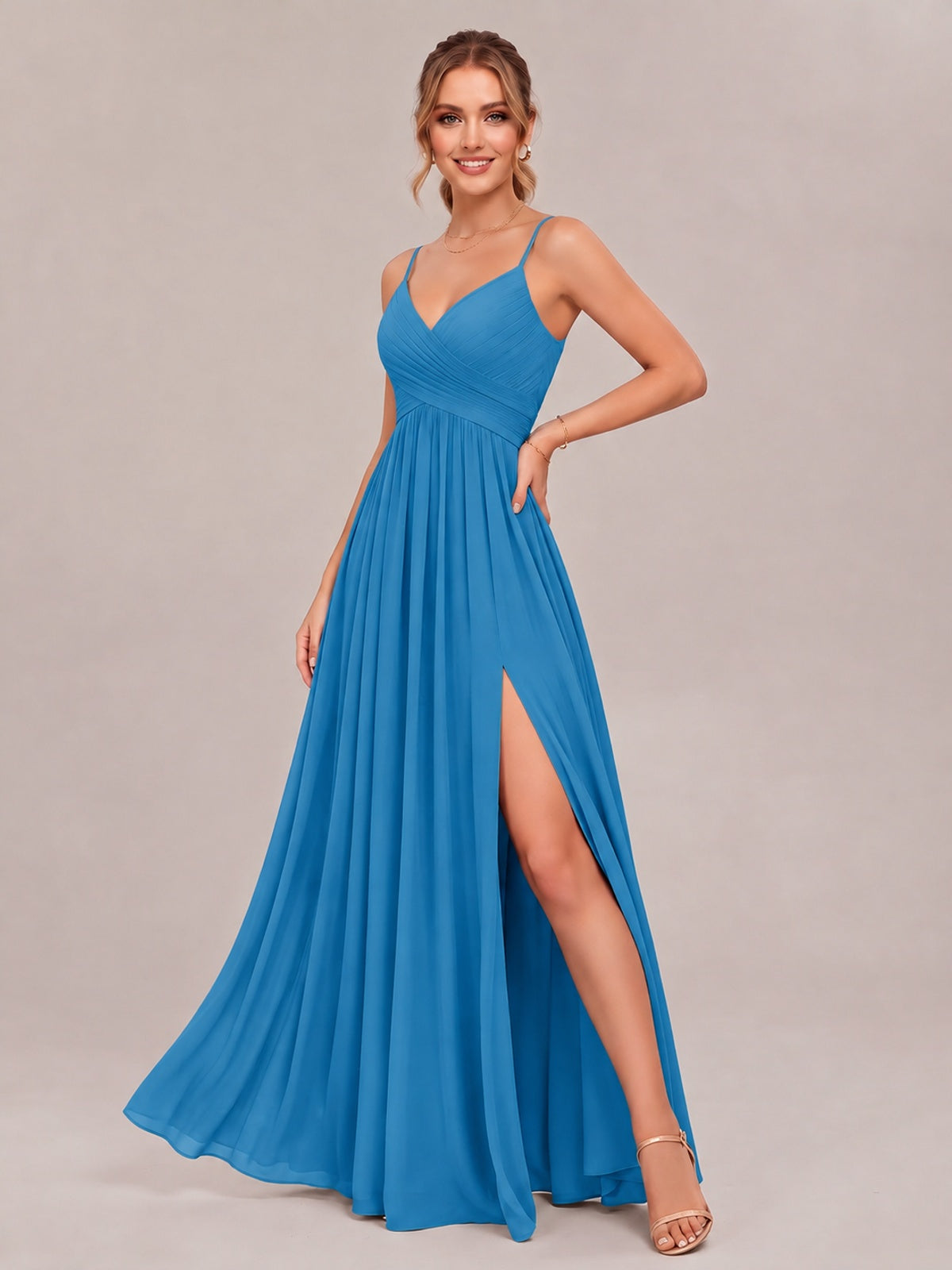 V-Neck Pleated Chiffon Long Bridesmaid Dress with Slit