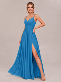 V-Neck Pleated Chiffon Long Bridesmaid Dress with Slit