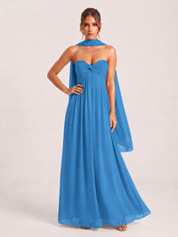 Strapless Ruched Chiffon Long Prom Dress with Scarf