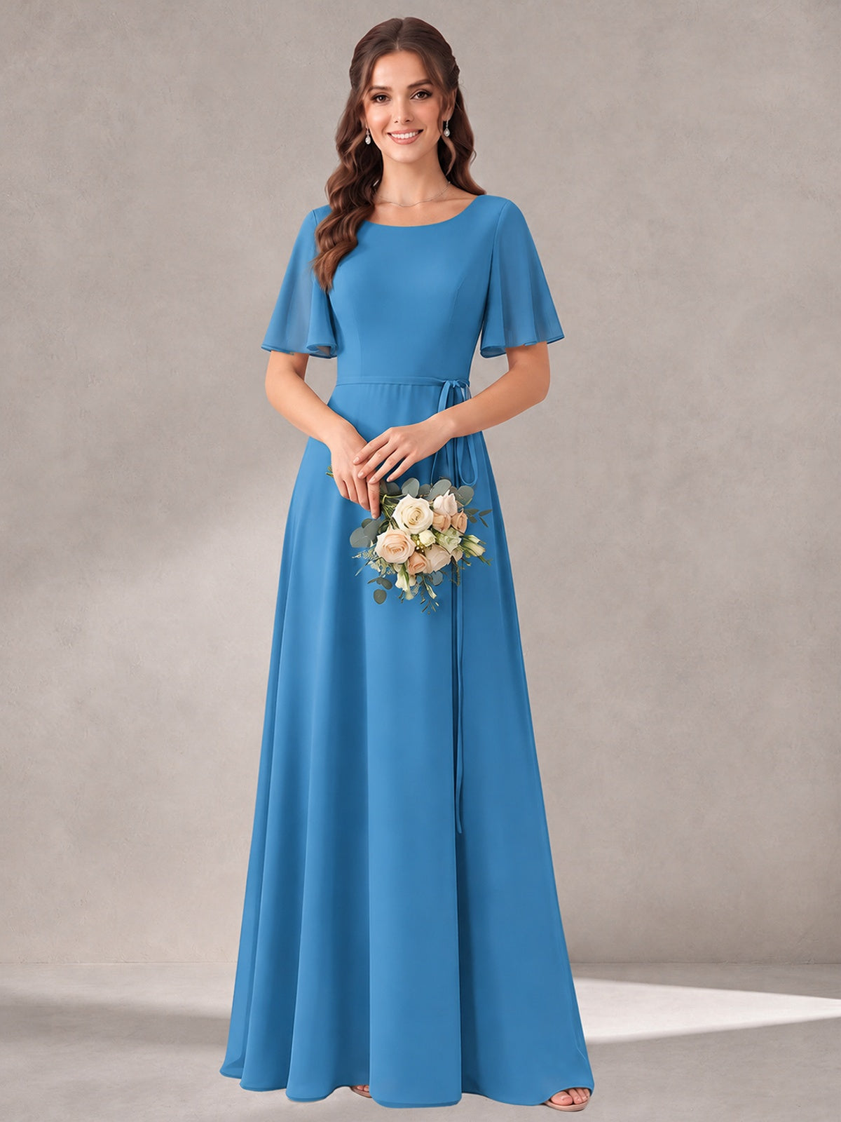 Scoop Neck A-line Chiffon Bridesmaid Dress with Flutter Sleeve & Belt