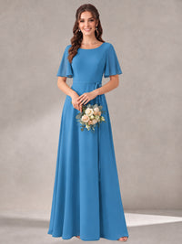 Scoop Neck A-line Chiffon Bridesmaid Dress with Flutter Sleeve & Belt