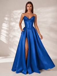 Strapless Corset Satin Prom Dress Long Evening Gown with High Slit