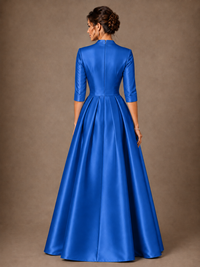 V-Neck Pleated Satin Mother of the Bride Gown with 3/4 Sleeves