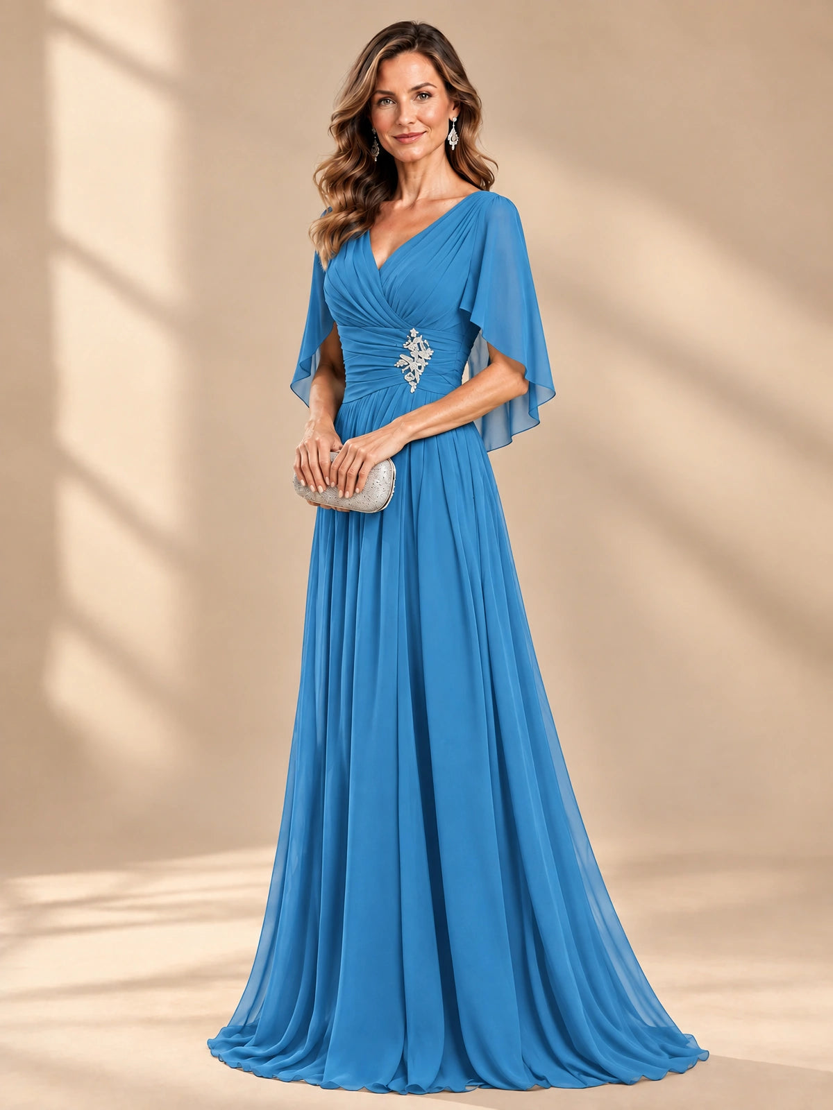 Ruched V Neck Mother of The Bride Dresses with Shawls Appliques and Cap Sleeves