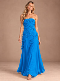 Yellow Strapless A-line Satin Maxi Dress with 3D Floral