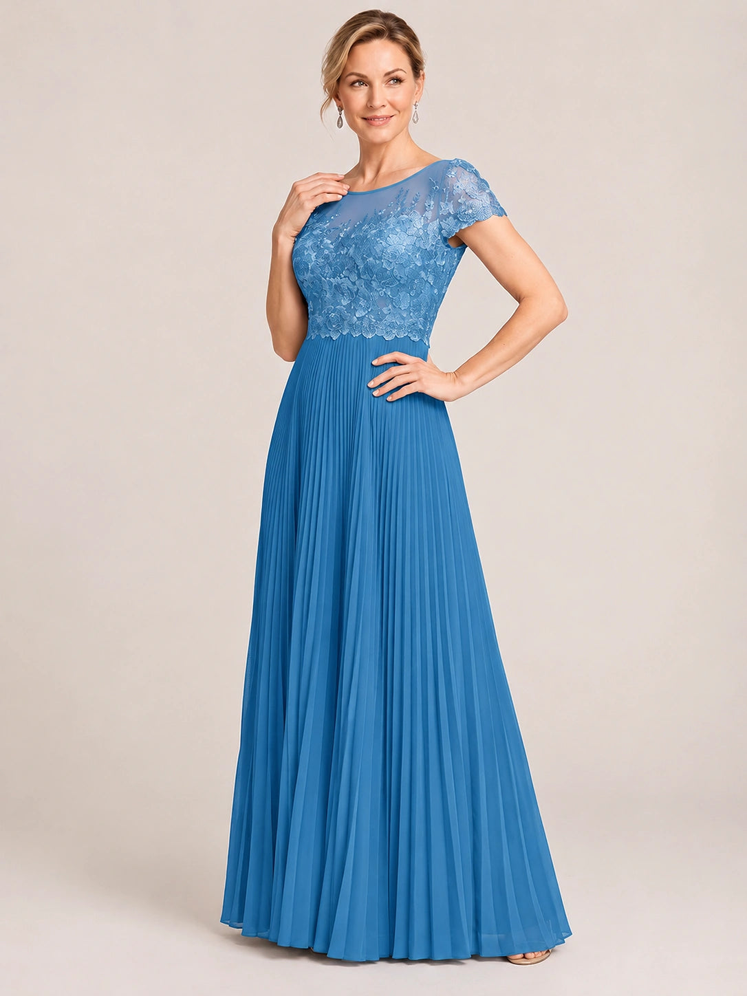 Embroidered Lace Pleated Mother of the Bride Dress