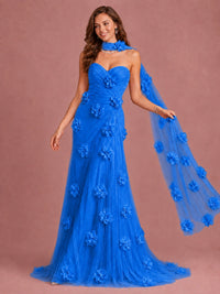 Blush Pink Strapless Sweetheart 3D Floral Tulle Mermaid Prom Dress