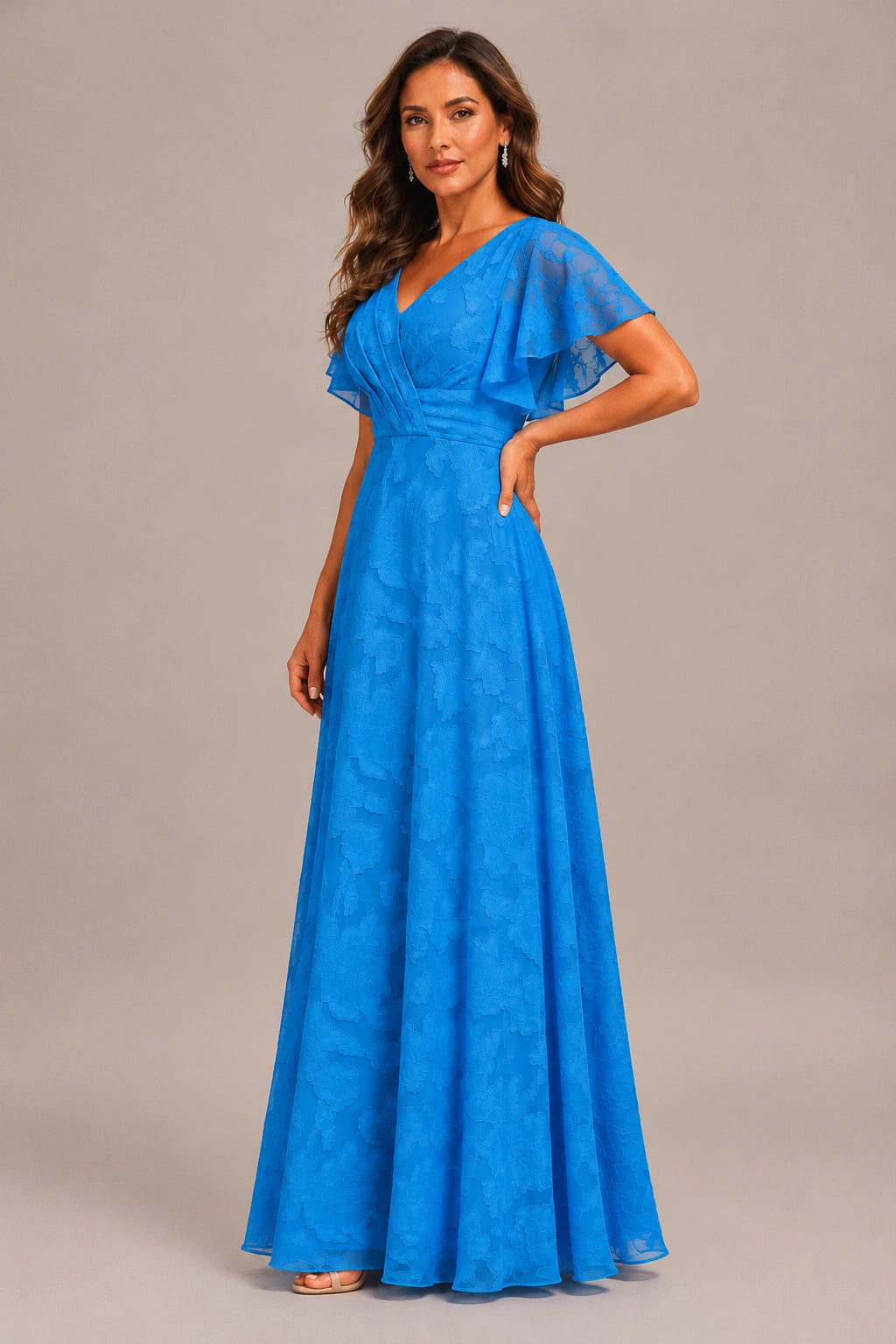 Jovellee Floral Chiffon A-Line Mother of the Bride Dress with Flutter Sleeves