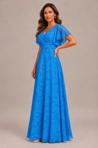 Jovellee Floral Chiffon A-Line Mother of the Bride Dress with Flutter Sleeves