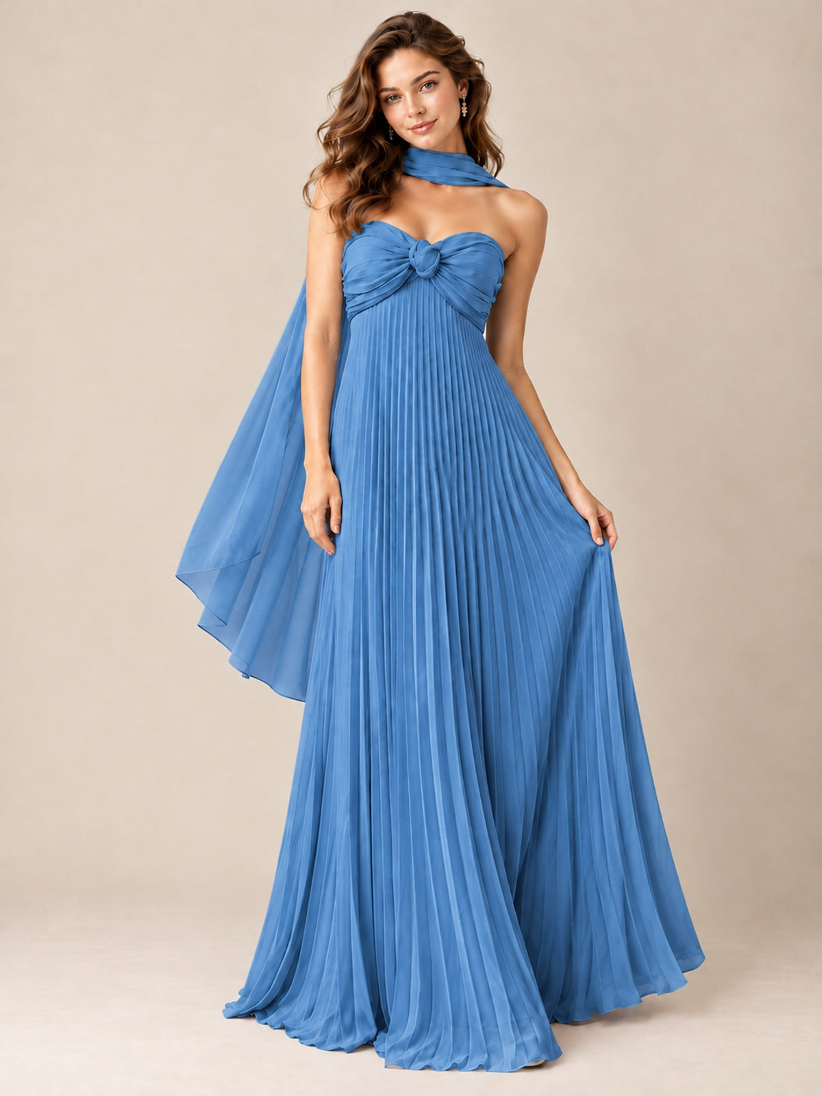 Sweetheart Neckline Pleated Prom Dress Strapless A-line Formal Dress with Flowy Scarf