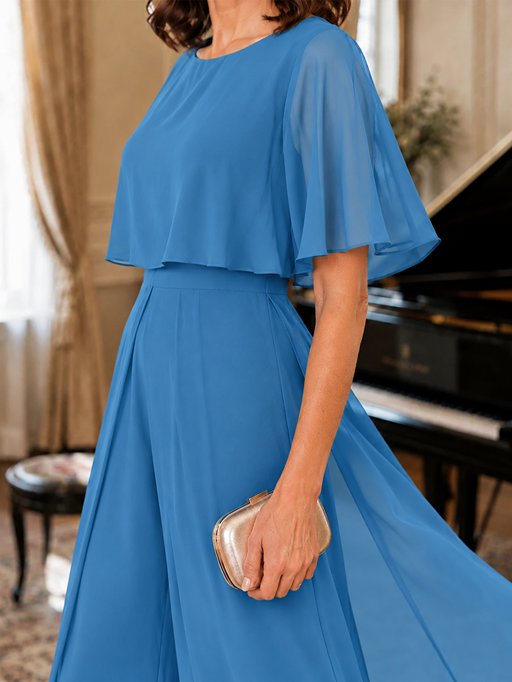 Chiffon Mother of the Bride Jumpsuit with Layered Cape Sleeves