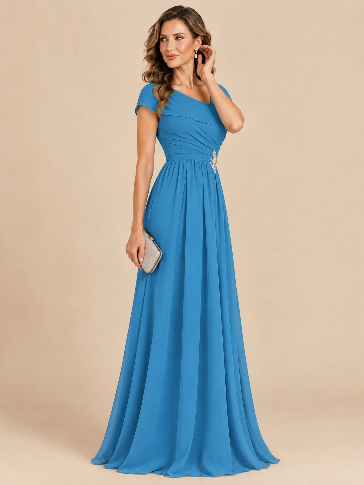 Cap Sleeve Mother of The Bride Dresses Long Chiffon Formal Gowns
