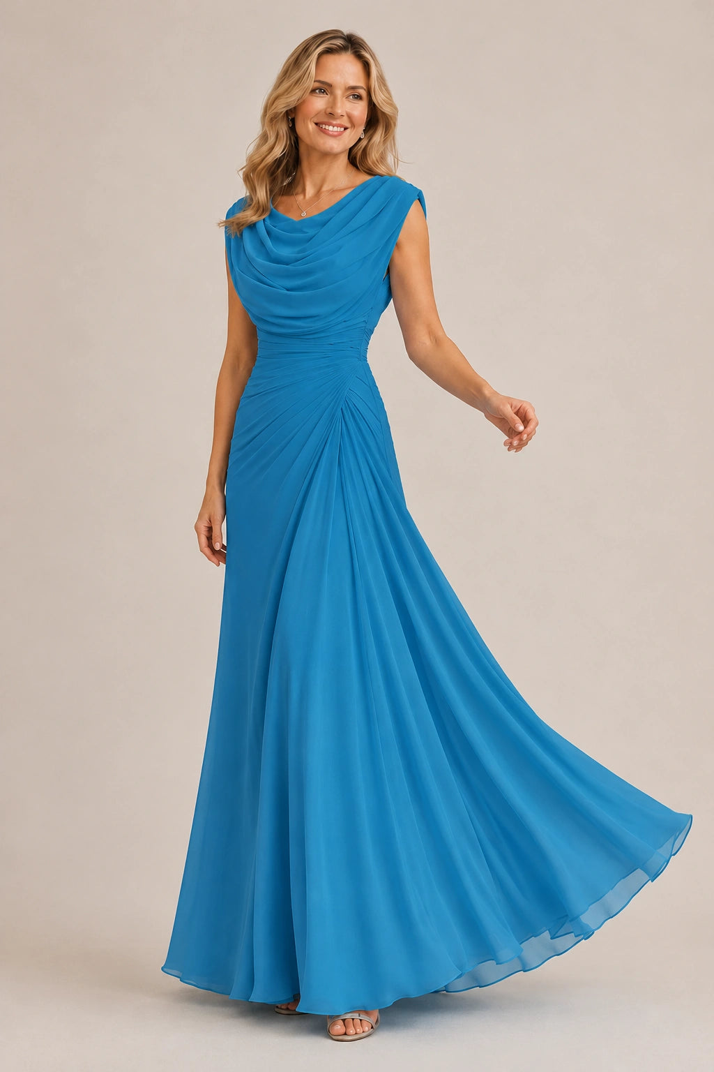 Cowl Neck Ruched Chiffon Mother of the Bride Dress