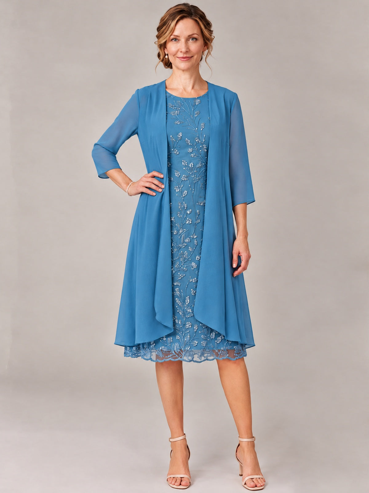 Tea Length Sequin Lace Mother of The Bride Dress with Chiffon Jacket
