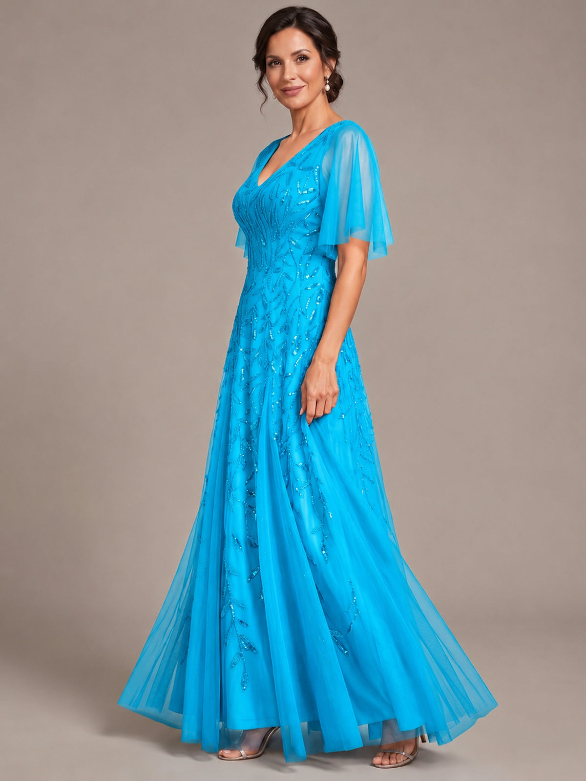 V-Neck Sequin Tulle Mother of the Bride Dress with Flutter Sleeve