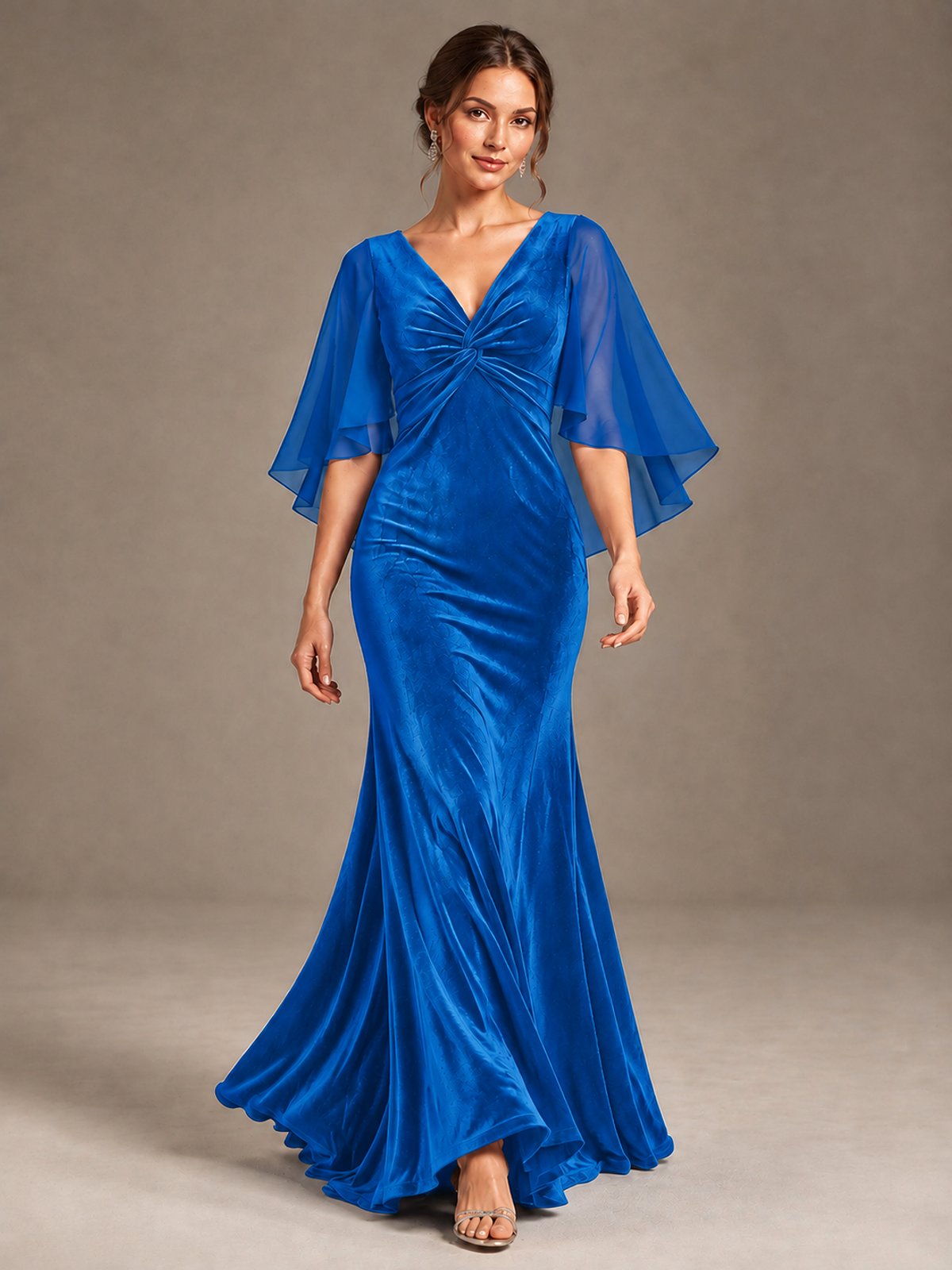 Navy Blue Velvet V Neck Mermaid Formal Dress with Flutter Cape Sleeves
