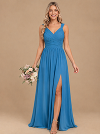 Pleated Chiffon V Neck Wedding Bridesmaid Dresses Floor Length with Slit