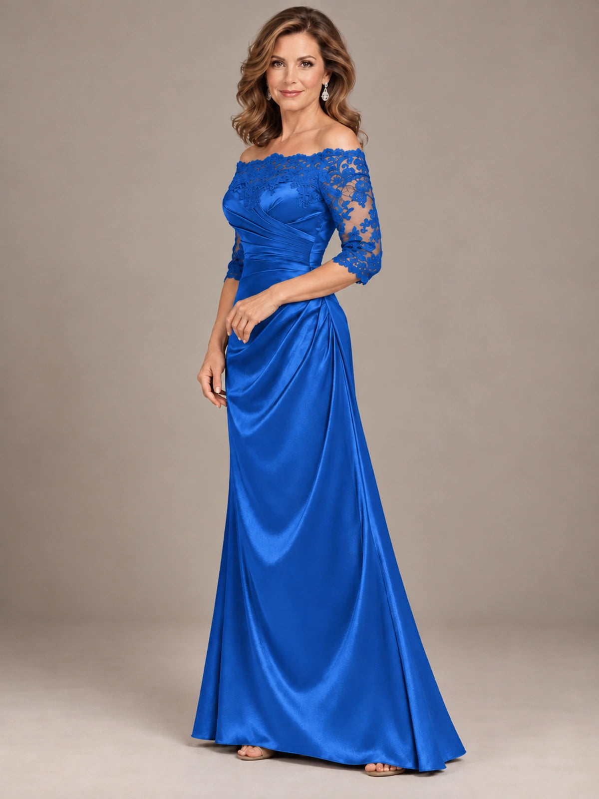 Satin Mother of the Bride Dress with Lace Sleeves Off Shoulder Formal Gown