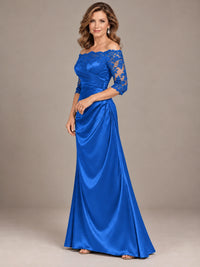 Satin Mother of the Bride Dress with Lace Sleeves Off Shoulder Formal Gown
