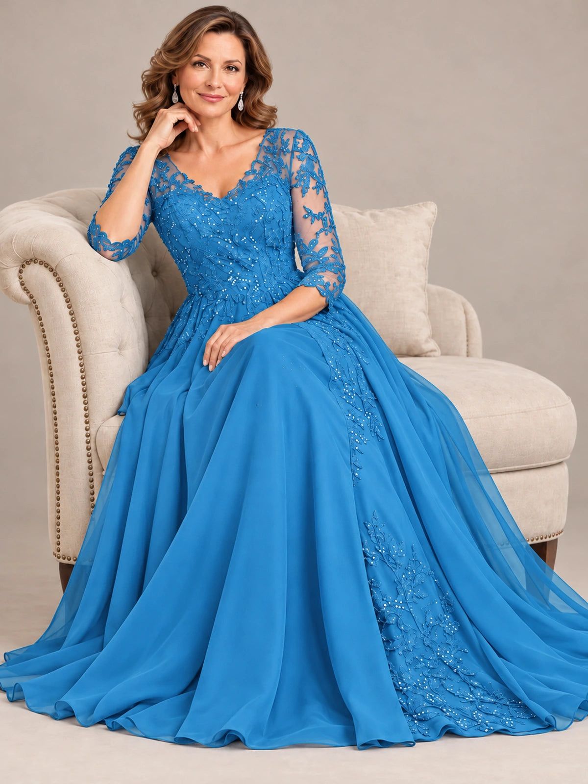 Sequin Lace A-Line Mother of the Bride Dress with 3/4 Sleeves