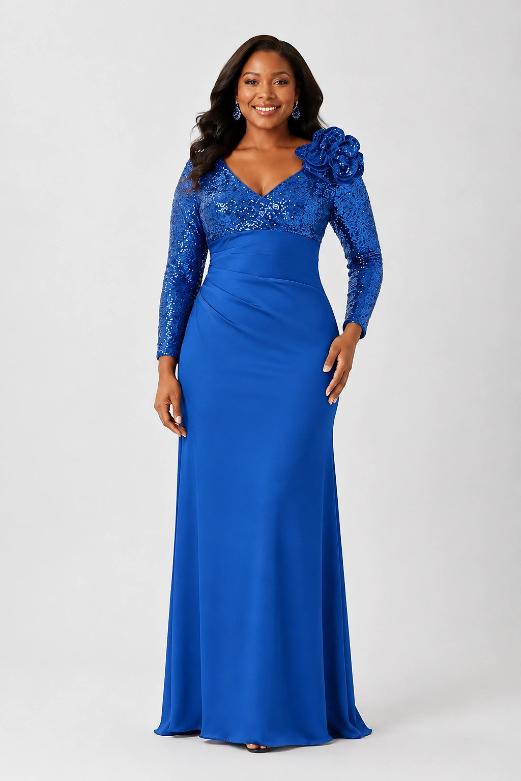 Sequin Mother of the Bride Dress with Long Sleeves 3D Floral V-Neck Gown