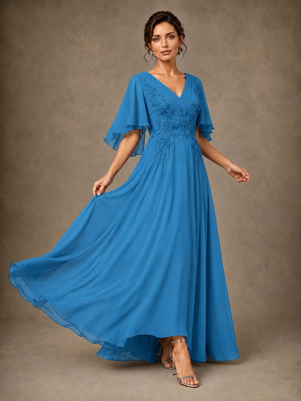 V-Neck Chiffon Lace Mother of the Bride Dress with Flutter Sleeves