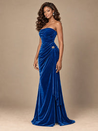 Burgundy Velvet Strapless Ruched Prom Dress with Jeweled Side Drape